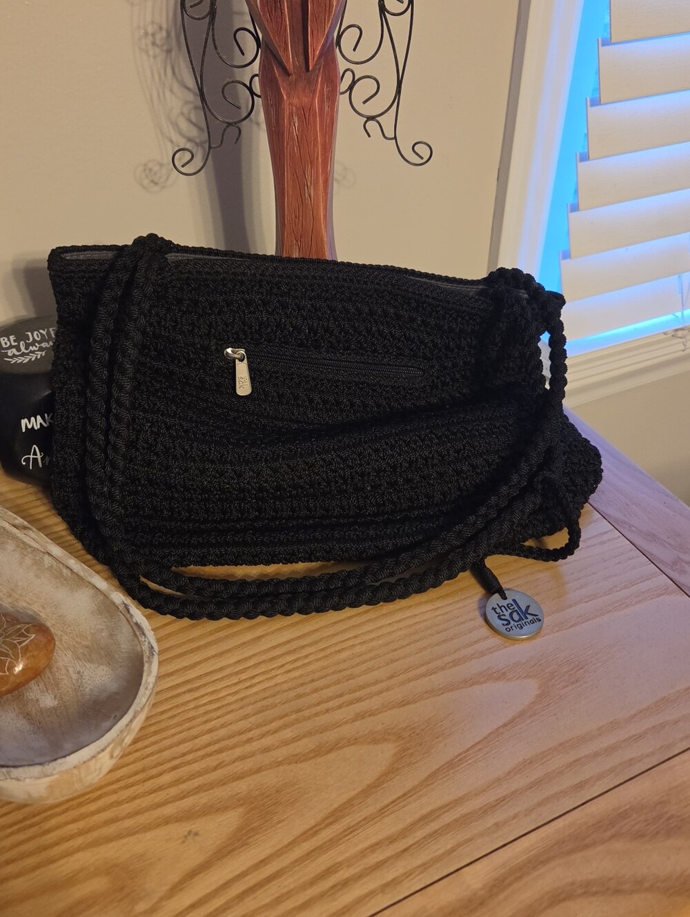 The Sak Black Crochet Shoulder Bag with Braided Strap